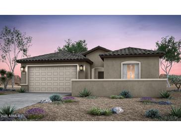 Charming single-story home boasts desert landscaping, a two-car garage, and a neutral color palette at 42960 W Palo Amarillo Rd, Maricopa, AZ 85138