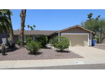 Single-story home with a two-car garage, desert landscaping, and palm trees at 6920 E Beverly Ln, Scottsdale, AZ 85254
