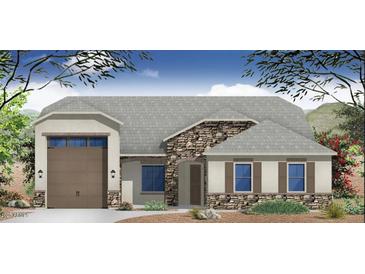 Charming single-story home with stone accents, neutral color palette, and a two-car garage at 17309 W Puget Ave, Waddell, AZ 85355