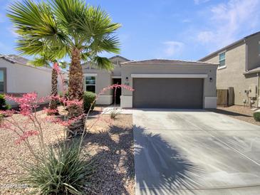 Beautiful single-story home with a two-car garage and desert landscaping including palm trees at 37711 W Bello Ln, Maricopa, AZ 85138