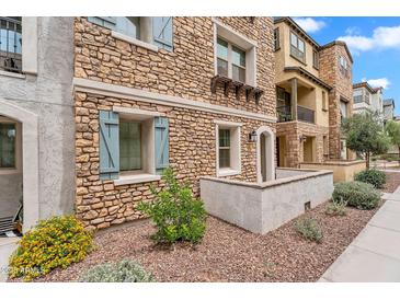Stunning stone exterior, light blue shutters, and beautiful landscaping add to the charm of this residence at 1727 E Chelsea Ln, Gilbert, AZ 85295