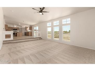 Bright living room featuring neutral carpet, ceiling fan, and a series of windows overlooking the outdoor space at 13217 S Tuthill Rd, Buckeye, AZ 85326