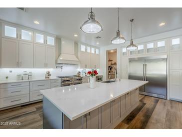 Stunning kitchen featuring a large island, stainless appliances, and elegant white cabinetry with glass accents at 22709 S 202Nd St, Queen Creek, AZ 85142