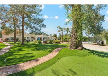 Expansive backyard featuring lush lawn, mature trees, and inviting outdoor amenities at 7214 E Royal Palm Rd, Scottsdale, AZ 85258