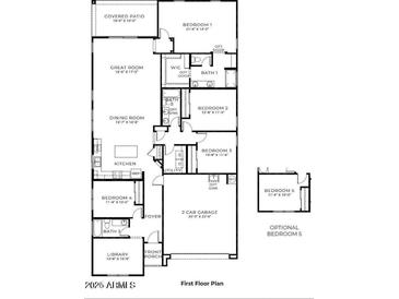 Detailed first floor plan showcasing the layout of this spacious layout with garage and bedrooms at 35941 W San Ildefanso Ave, Maricopa, AZ 85138