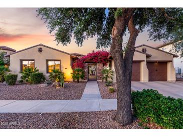 Charming single-story home with a desert landscaped front yard and vibrant bougainvillea over the gated entry at 816 W Sycamore Ct, Litchfield Park, AZ 85340