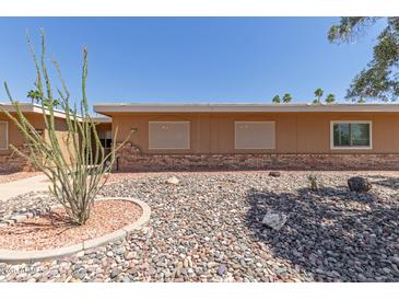 Home's desert front yard features rock ground cover and vibrant plants at 10860 W Buccaneer Dr, Sun City, AZ 85351