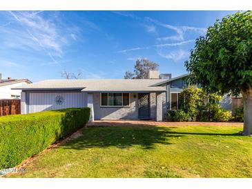 Charming single-story home with well-maintained lawn and mature landscaping creates a welcoming curb appeal at 635 W Flower Ave, Mesa, AZ 85210