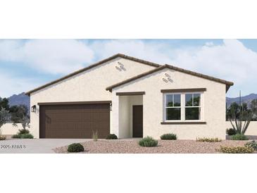 New construction home showcasing desert landscaping, a two-car garage, and a neutral color palette at 24104 W Bowker St, Buckeye, AZ 85326