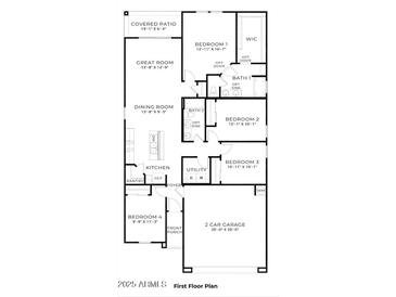 First floor plan featuring four bedrooms, two baths, kitchen, dining room, great room, and a 2-car garage at 35523 N Breezy Ln, San Tan Valley, AZ 85140