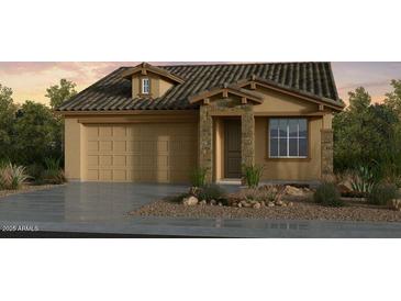 Charming single-story home with stone accents, neutral color palette, manicured front yard, and a two-car garage at 7836 E Quintana Ave, Mesa, AZ 85212