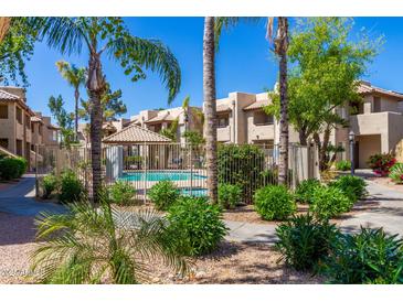 Community pool area surrounded by palm trees and lush landscaping at 1825 W Ray Rd # 1070, Chandler, AZ 85224
