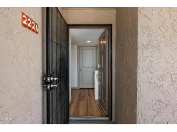 Inviting entryway with a security door and view of the light hardwood flooring inside at 7430 E Chaparral Rd # A222, Scottsdale, AZ 85250