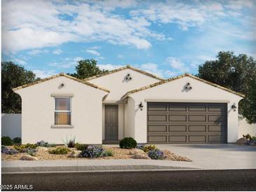 Charming single-story home boasts a neutral palette, low-maintenance landscaping, and an attached two-car garage at 2588 E Grenache Rd, San Tan Valley, AZ 85143