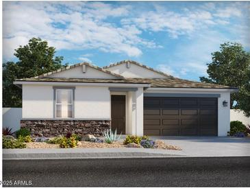 Charming single-story home with a stone veneer and neutral stucco, complemented by desert landscaping and a two-car garage at 2644 E Grenache Rd, San Tan Valley, AZ 85143