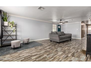 Bright living room featuring modern gray sofa, stylish furniture, and wood-look flooring at 3807 W Abraham Ln, Glendale, AZ 85308