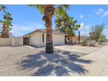 Single Gathering home with desert landscaping, including a large palm tree in the front yard at 9601 S 44Th St, Phoenix, AZ 85044