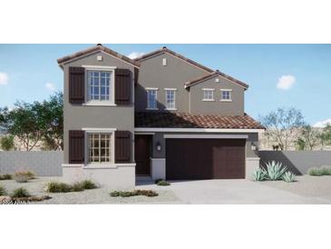 Charming two-story home with brown shutters, tiled roof, and neutral gray siding at 542 N 89Th St, Mesa, AZ 85207