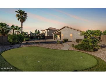 Inviting backyard featuring a putting green, desert landscaping, and a trampoline, perfect for outdoor fun at 19576 N Portarosa Ct, Maricopa, AZ 85138