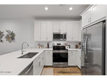 Modern kitchen featuring stainless steel appliances, white cabinets, and wood flooring at 4157 E Pinto Dr, Gilbert, AZ 85296