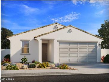 Charming single-story home with stucco siding, tile roof, desert landscaping, and an attached two-car garage at 7361 E Cozy Cottage Ln, San Tan Valley, AZ 85143