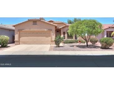Single-story home featuring a two-car garage, neutral stucco, desert landscaping and a tile roof at 1880 E Birch St, Casa Grande, AZ 85122