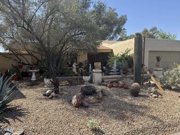 Southwest home featuring desert landscaping with rocks, cacti, and mature trees in a xeriscaped front yard at 401 W Cape Royal Ln, Phoenix, AZ 85023