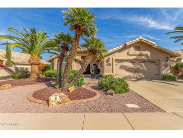 Charming single-story home with desert landscaping, palm trees, and a two-car garage at 17543 N Rainbow Cir, Surprise, AZ 85374