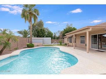 Refreshing pool with palm trees and a storage shed in a well-maintained backyard at 10845 W Quail Ave, Peoria, AZ 85373