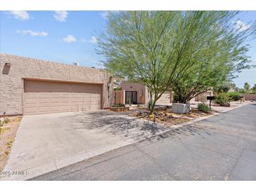 Tan home exterior with a two car garage, desert landscaping, and large shade tree at 2313 S Grandview Ave, Tempe, AZ 85282
