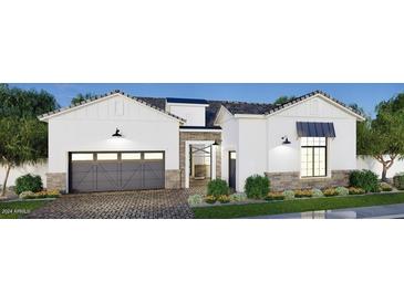 Stunning single-Gathering home showcasing a brick-accented facade, pristine landscaping, and a welcoming two-car garage at 1180 E Peach Tree Dr, Chandler, AZ 85249