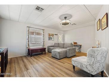 Living room featuring gray sofa, wood-look floors, and natural light at 4065 E University -- # 433, Mesa, AZ 85202