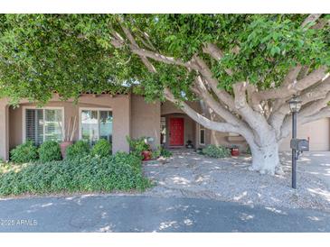 Charming home featuring a red door, mature landscaping, and a beautiful, shady tree in the front yard at 7302 E Rose Ln, Scottsdale, AZ 85250