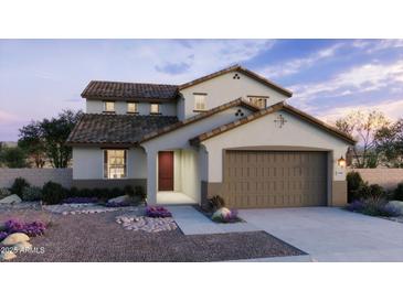 Charming two-story home features a tile roof, neutral stucco exterior, and a two-car garage at 2968 E Mecklenburg Way, San Tan Valley, AZ 85143