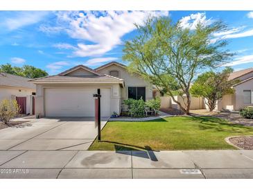 Charming single-story home featuring a well-manicured lawn, mature tree, and a two-car garage at 8009 W Salter Dr, Peoria, AZ 85382