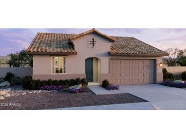 Charming single-story home featuring a welcoming entrance, a two-car garage, and stylish desert landscaping at 2953 E Mecklenburg Way, San Tan Valley, AZ 85143