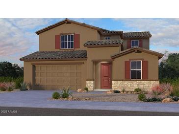 Charming two-story home with a two-car garage, desert landscaping, and covered entryway at 17018 W Shangri La Rd, Surprise, AZ 85388