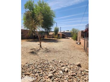 Large gravel yard with a tree, leading up to a single story home under a bright sky at 2825 E Adams St, Phoenix, AZ 85034