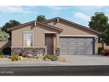 Charming single-story home with gray garage, stone accents, desert landscaping, and neutral color palette at 3334 E Ellie Trl, San Tan Valley, AZ 85143