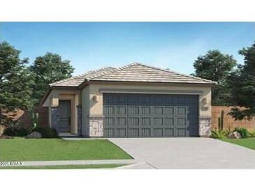 Charming single-story home with a two-car garage, complemented by lush green grass and desert landscaping at 25109 N 174Th Ln, Surprise, AZ 85387