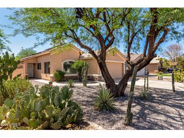 Charming single-story home featuring xeriscaped front yard with mature desert landscaping and a covered entryway at 41598 N Ranch Dr, San Tan Valley, AZ 85140