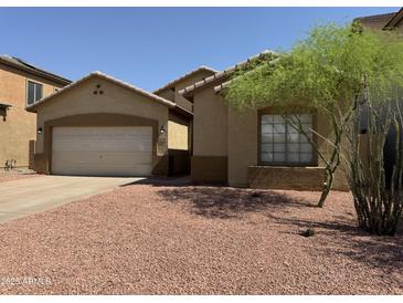 Charming single-story home with a two-car garage, xeriscape landscaping, and mature desert tree at 9224 W Raymond St, Tolleson, AZ 85353