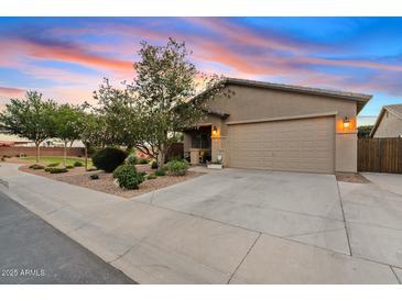 Charming single-story home featuring a well-maintained lawn, desert landscaping, and a two-car garage at 41138 N Soap Berry St, Queen Creek, AZ 85140