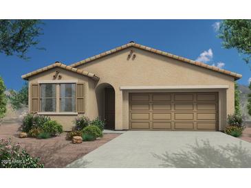 Charming single-story home featuring a neutral stucco facade, a two-car garage and tidy desert landscaping at 18244 W Soft Wind Dr, Surprise, AZ 85387
