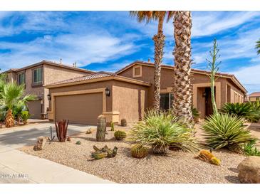 Charming single-Gathering home with desert landscaping, palm trees, and a two-car garage at 1173 E Daisy Way, San Tan Valley, AZ 85143