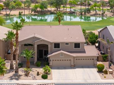 Stunning home showcasing a well-manicured lawn, mature palms and a view overlooking a lush golf course at 21841 N Ingram Ct, Maricopa, AZ 85138