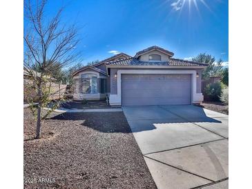 Charming single-story home with a well-manicured front yard, tile roof, and a two-car garage at 13241 W Desert Ln, Surprise, AZ 85374