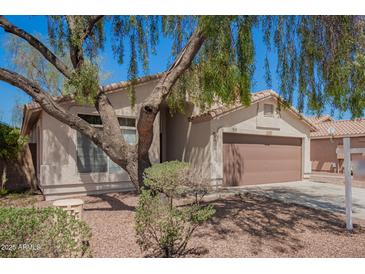 Attractive single-story home with desert landscaping and a two-car garage, shaded by a tree at 1608 S 82Nd Dr, Phoenix, AZ 85043