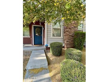 Charming home featuring a blue front door, stone accents, manicured bushes, and sidewalk leading to entrance at 3756 E Kerry Ln, Phoenix, AZ 85050