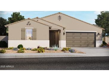 Charming single-story home showcasing desert landscaping, a two-car garage, and a neutral-toned facade at 37172 W Parador Ln, Maricopa, AZ 85138